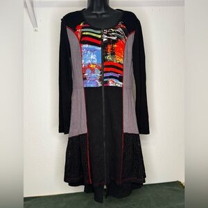 Vintage Concepts Black and Multicolor Front Zip Long Sleeve Dress
